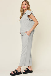 Double Take Texture Ruffle Short Sleeve Top and Drawstring Wide Leg Pants Set OutfitFlow